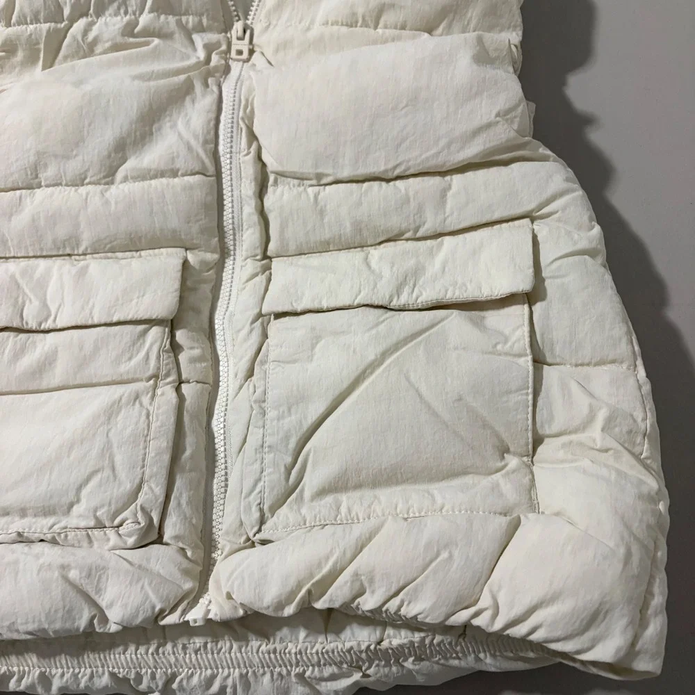 Zara Kids Hooded Puffer Vest Cream Off-White Full Zip Pockets Sz 8-9 Years 130